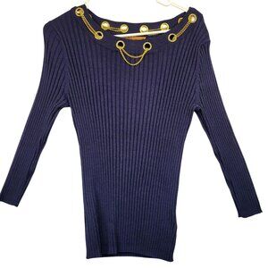 Belldini Ribbed Navy Sweater Gold Chain Rhinestone Detail XL Cotton Viscose